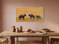 Three Children on Ponies Wide Wall Art — Original Palette-Knife Oil, Navy & Golden Ochre — original hand-painted oil shown on the wall in a styled room