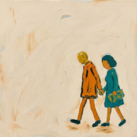 Original oil painting of a couple walking together, a man in an orange coat and a woman in teal holding a yellow case, on a cream ground