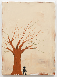 Oil painting of a leafless rust-orange tree with its trunk at the lower left and branches spreading right, a tiny dark figure in a wide-brimmed hat at its foot, on a misty cream sky.