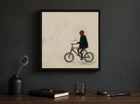 Cyclist Wall Art — Original Palette-Knife Oil, Olive & Oxblood — original hand-painted oil shown on the wall in a styled room