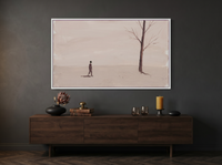 Lone Walker & Bare Tree Wide Wall Art — Original Palette-Knife Oil, Mauve & Rose-Brown — original hand-painted oil shown on the wall in a styled room