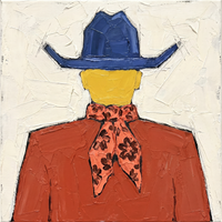 Original oil painting of a cowboy seen from behind in a cobalt-blue hat with a coral floral bandana over a rust-red shirt, on an ivory ground