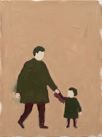 Oil painting of a figure in a moss-green coat holding a pale lamb close to the shoulder, on a soft taupe ground.