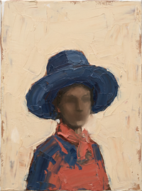 Oil painting of a woman in a navy wide-brim hat with a dark blank face and a coral-red collar, on a cream ground.