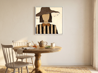 Lady in a Floppy Hat Wall Art — Original Palette-Knife Oil, Brown & Cream — original hand-painted oil shown on the wall in a styled room