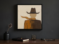 Cowboy from Behind Wall Art — Original Palette-Knife Oil, Espresso & Caramel — original hand-painted oil shown on the wall in a styled room