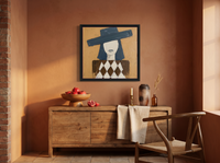 Woman in a Wide Hat Wall Art — Original Palette-Knife Oil, Teal & Ochre — original hand-painted oil shown on the wall in a styled room