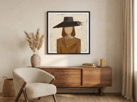 Woman in a Wide Hat Wall Art — Original Palette-Knife Oil, Chocolate & Tan — original hand-painted oil shown on the wall in a styled room