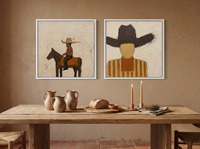Rider & Cowboy — Set of 2 Original Oils, Chocolate & Rust — original hand-painted oil shown on the wall in a styled room