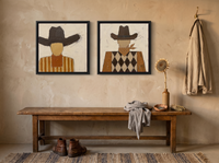 Cowboy, Front and Back — Set of 2 Original Oils, Chocolate & Rust — original hand-painted oil shown on the wall in a styled room