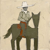 Original oil painting of a cowgirl in a pale hat on an olive-green horse turned toward the viewer, with a striped shirt and rust saddle blanket, on a cream ground