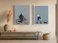 Cyclist & Newspaper Man — Set of 2 Original Oils, Charcoal & Slate — original hand-painted oil shown on the wall in a styled room