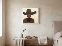 Cowboy in a Wide Hat Wall Art — Original Palette-Knife Oil, Charcoal & Oxblood — original hand-painted oil shown on the wall in a styled room