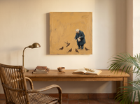 Old Man Feeding Pigeons Wall Art — Original Palette-Knife Oil, Ochre & Teal — original hand-painted oil shown on the wall in a styled room