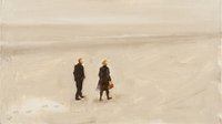 Original wide oil painting of two figures walking a warm-tan beach, the woman carrying a rust bag, footprints trailing behind