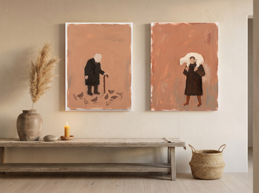 Pigeon-Feeder & Shepherd — Set of 2 Original Oils, Espresso & Terracotta