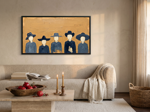 Row of Five Hatted Figures Wide Wall Art — Original Palette-Knife Oil, Slate Navy & Golden Ochre