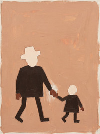 Oil painting of a figure in a near-black coat carrying a white lamb across the shoulders, on a terracotta ground.