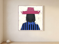 Lady in a Raspberry Hat Wall Art — Original Palette-Knife Oil, Raspberry & Cobalt — original hand-painted oil shown on the wall in a styled room