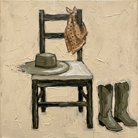 Original oil painting of an olive-charcoal wooden chair with an olive hat on the seat, a tan polka-dot bandana over the back, and olive boots beside it, on an oat-cream ground