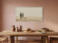 Couple Walking a Dog Wide Wall Art — Original Palette-Knife Oil, Sage & Terracotta — original hand-painted oil shown on the wall in a styled room