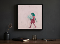 Girl with a Bouquet Wall Art — Original Palette-Knife Oil, Pink & Emerald — original hand-painted oil shown on the wall in a styled room