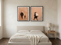 Father & Child with Woman & Bouquet — Set of 2 Original Oils, Espresso & Terracotta — original hand-painted oil shown on the wall in a styled room