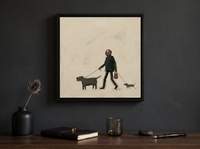 Dog Walker Wall Art — Original Palette-Knife Oil, Olive & Oxblood — original hand-painted oil shown on the wall in a styled room