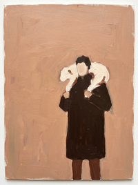 Oil painting of a shepherd in a dark coat holding a white lamb up to his shoulder, on a terracotta ground.