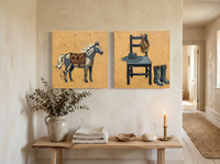 Horse & Cowboy Gear — Set of 2 Original Oils, Golden Ochre & Slate Blue — original hand-painted oil shown on the wall in a styled room