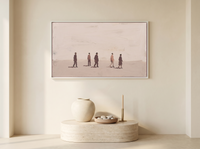 Five Walkers Wide Wall Art — Original Oil Landscape, Mauve & Rose-Brown — original hand-painted oil shown on the wall in a styled room