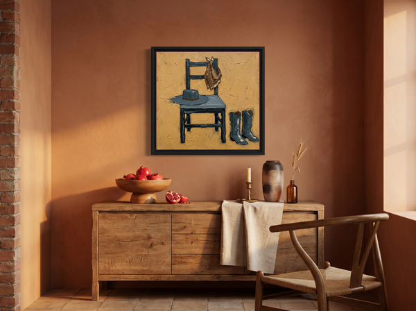 Cowboy Chair Still Life Wall Art — Original Palette-Knife Oil, Ochre & Slate