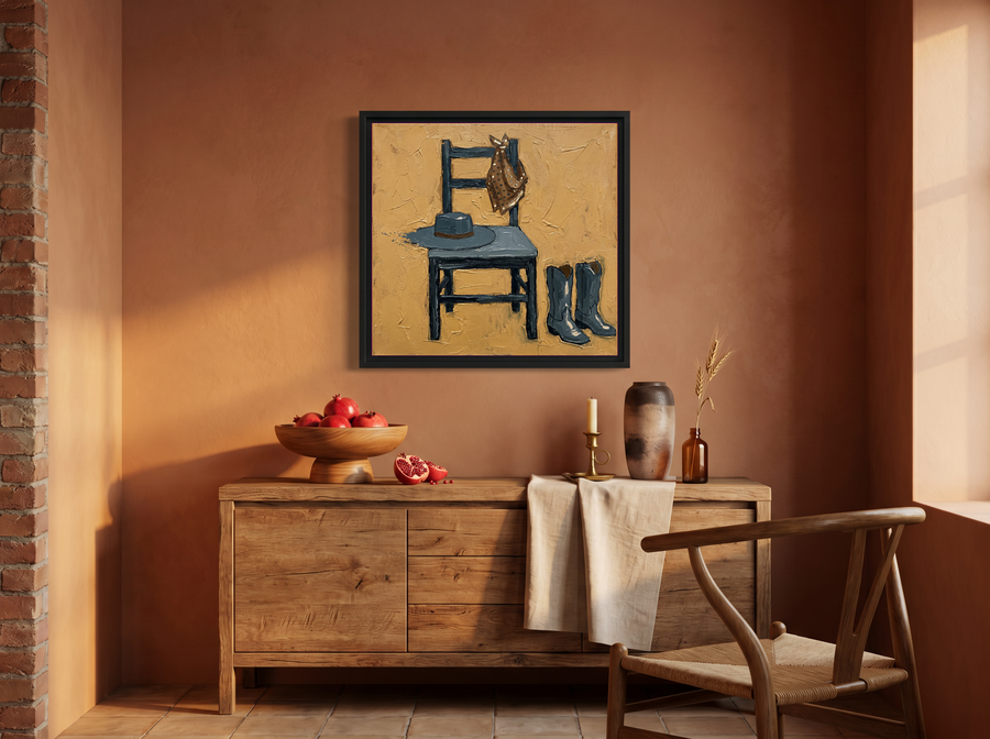 Cowboy Chair Still Life Wall Art — Original Palette-Knife Oil, Ochre & Slate