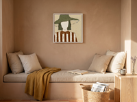 Lady in a Floppy Hat Wall Art — Original Palette-Knife Oil, Olive & Cream — original hand-painted oil shown on the wall in a styled room