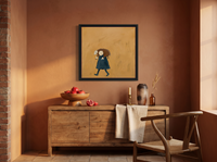 Shepherd Carrying a Lamb Wall Art — Original Palette-Knife Oil, Ochre & Teal — original hand-painted oil shown on the wall in a styled room