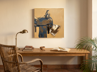 Western Saddle Still Life Wall Art — Original Palette-Knife Oil, Ochre & Slate — original hand-painted oil shown on the wall in a styled room