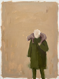 Oil painting of a figure in a moss-green coat holding a pale lamb close to the shoulder, on a soft taupe ground.