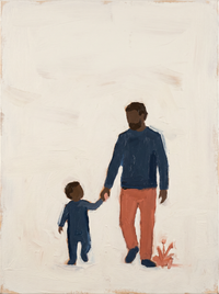 Oil painting of a father in an indigo jumper and terracotta trousers walking hand in hand with a small child in navy, a coral sprig near their feet on a cream ground.