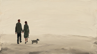 Original wide oil painting of a couple seen from behind holding hands and walking a grey terrier across a muted olive-cream field, horizontal landscape