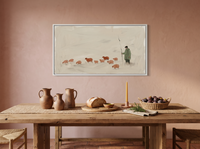 Shepherd and Flock Wide Wall Art — Original Oil Landscape, Sage & Terracotta — original hand-painted oil shown on the wall in a styled room