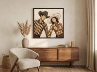 Dancing Couple Wall Art — Original Palette-Knife Oil, Brown & Caramel — original hand-painted oil shown on the wall in a styled room