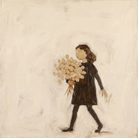 Original oil painting of a girl in a dark chocolate dress with a tan-gold head carrying a heavy round bunch of tan and cream-gold flowers, on a cream ground