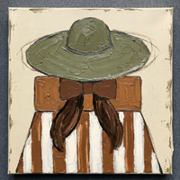 Oil painting of a cowgirl in an olive hat with a wide flat angular brim, a cream face, sienna bow and olive-and-cream striped body, on a cream ground.