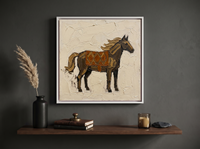 Standing Horse Wall Art — Original Palette-Knife Oil, Brown & Rust — original hand-painted oil shown on the wall in a styled room