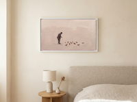 Man Feeding Pigeons Wide Wall Art — Original Oil Landscape, Mauve & Charcoal — original hand-painted oil shown on the wall in a styled room