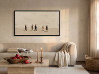Five Walkers Wide Wall Art — Original Oil Landscape, Chocolate & Cream — original hand-painted oil shown on the wall in a styled room