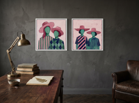 Women in Hats, Two Pairs — Set of 2 Original Oils, Blush & Emerald — original hand-painted oil shown on the wall in a styled room