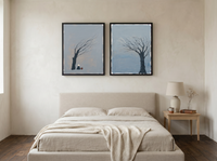 Mirrored Bare Trees — Set of 2 Original Oils, Charcoal on Slate — original hand-painted oil shown on the wall in a styled room