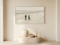 Two Figures on a Beach Wide Wall Art — Original Oil, Sage Green & Misty Grey — original hand-painted oil shown on the wall in a styled room