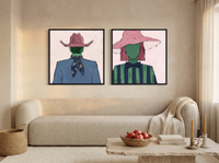Cowboy & Wide-Brim Lady — Set of 2 Original Oils, Blush & Emerald — original hand-painted oil shown on the wall in a styled room
